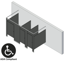 An isometric view of a ADA 3 stalls, free standing left hand toilet partition layout