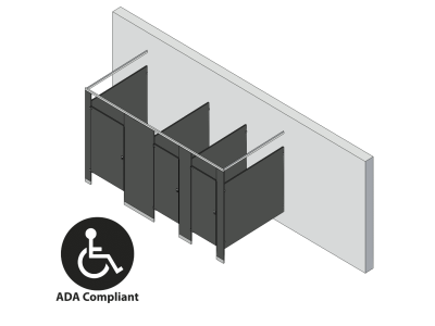 An isometric view of a ADA 3 stalls, free standing left hand toilet partition layout