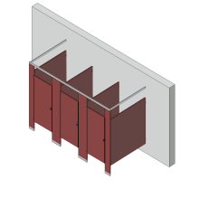 An isometric view of a standard 3 stalls, free standing left hand toilet partition layout