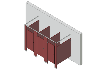 An isometric view of a standard 3 stalls, free standing left hand toilet partition layout