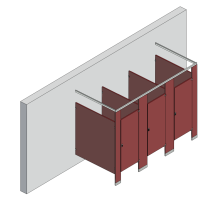 An isometric view of a standard 3 stalls, free standing right hand toilet partition layout