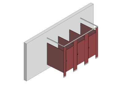 An isometric view of a standard 3 stalls, free standing right hand toilet partition layout