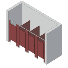 An isometric view of a standard 4 stalls, between walls left hand toilet partition layout