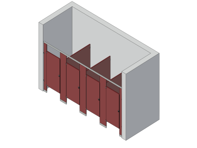 An isometric view of a standard 4 stalls, between walls left hand toilet partition layout