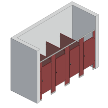 An isometric view of a standard 4 stalls, between walls right hand toilet partition layout