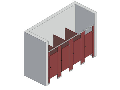 An isometric view of a standard 4 stalls, between walls right hand toilet partition layout