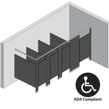 An isometric view of a ADA 4 stalls, in corner left hand toilet partition layout