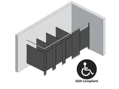 An isometric view of a ADA 4 stalls, in corner left hand toilet partition layout