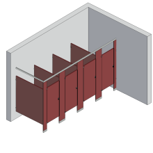 An isometric view of a standard 4 stalls, in corner left hand toilet partition layout