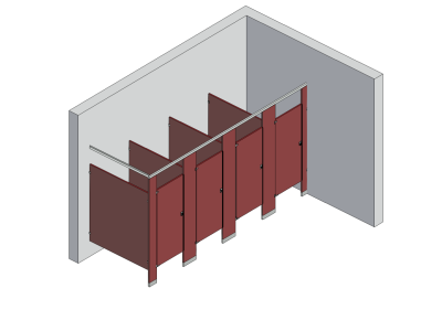 An isometric view of a standard 4 stalls, in corner left hand toilet partition layout