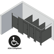 An isometric view of a ADA 4 stalls, in corner right hand toilet partition layout