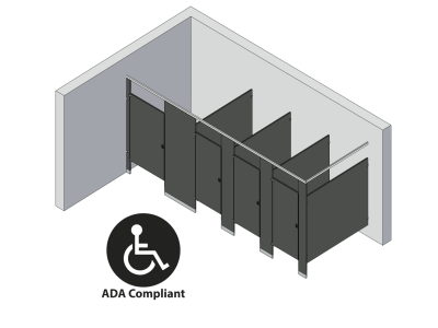 An isometric view of a ADA 4 stalls, in corner right hand toilet partition layout