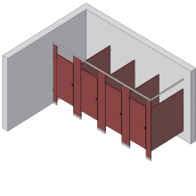 An isometric view of a standard 4 stalls, in corner right hand toilet partition layout