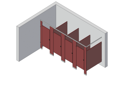 An isometric view of a standard 4 stalls, in corner right hand toilet partition layout