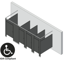 An isometric view of a ADA 4 stalls, free standing left hand toilet partition layout