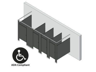 An isometric view of a ADA 4 stalls, free standing left hand toilet partition layout