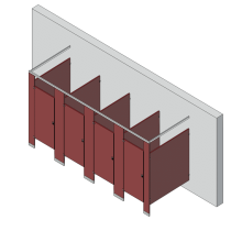 An isometric view of a standard 4 stalls, free standing left hand toilet partition layout