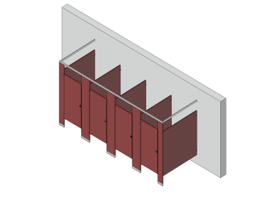 An isometric view of a standard 4 stalls, free standing left hand toilet partition layout