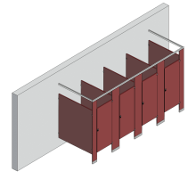 An isometric view of a standard 4 stalls, free standing right hand toilet partition layout