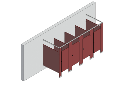 An isometric view of a standard 4 stalls, free standing right hand toilet partition layout