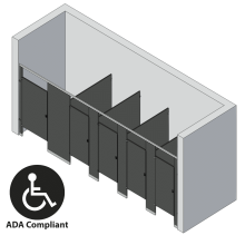 An isometric view of a ADA 5 stalls, between walls left hand toilet partition layout