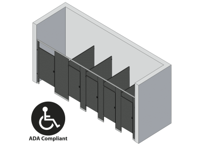 An isometric view of a ADA 5 stalls, between walls left hand toilet partition layout