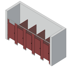 An isometric view of a standard 5 stalls, between walls left hand toilet partition layout