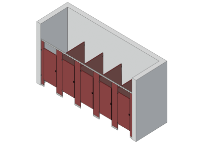 An isometric view of a standard 5 stalls, between walls left hand toilet partition layout