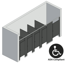 An isometric view of a ADA 5 stalls, between walls right hand toilet partition layout