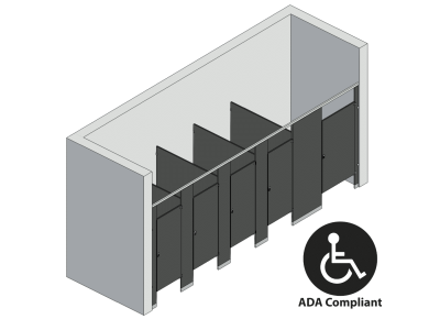 An isometric view of a ADA 5 stalls, between walls right hand toilet partition layout