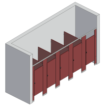 An isometric view of a standard 5 stalls, between walls right hand toilet partition layout