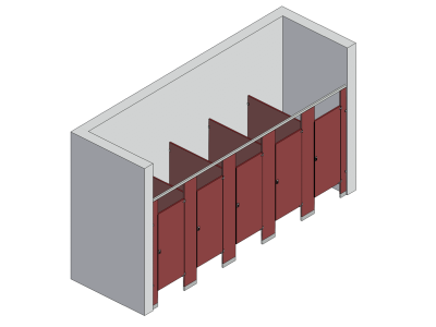 An isometric view of a standard 5 stalls, between walls right hand toilet partition layout