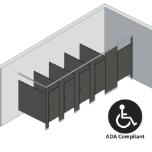 An isometric view of a ADA 5 stalls, in corner left hand toilet partition layout