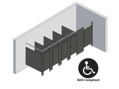 An isometric view of a ADA 5 stalls, in corner left hand toilet partition layout