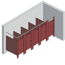 An isometric view of a standard 5 stalls, in corner left hand toilet partition layout