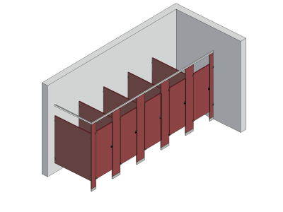 An isometric view of a standard 5 stalls, in corner left hand toilet partition layout