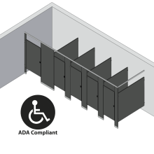 An isometric view of a ADA 5 stalls, in corner right hand toilet partition layout