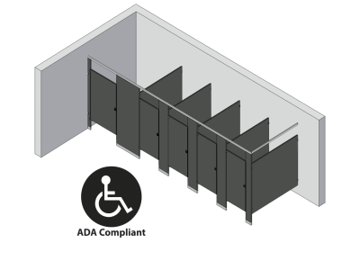 An isometric view of a ADA 5 stalls, in corner right hand toilet partition layout