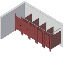 An isometric view of a standard 5 stalls, in corner right hand toilet partition layout