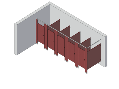 An isometric view of a standard 5 stalls, in corner right hand toilet partition layout