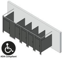 An isometric view of a ADA 5 stalls, free standing left hand toilet partition layout