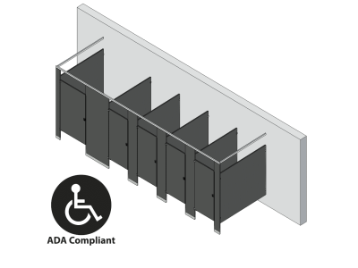 An isometric view of a ADA 5 stalls, free standing left hand toilet partition layout