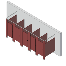 An isometric view of a standard 5 stalls, free standing left hand toilet partition layout