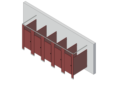 An isometric view of a standard 5 stalls, free standing left hand toilet partition layout