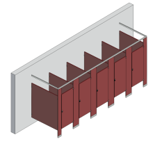 An isometric view of a standard 5 stalls, free standing right hand toilet partition layout