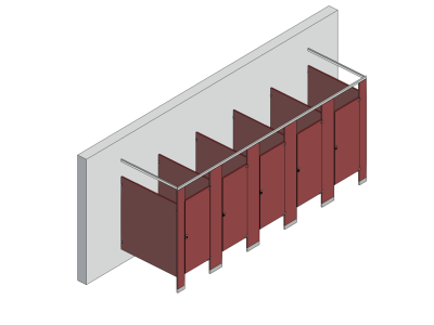 An isometric view of a standard 5 stalls, free standing right hand toilet partition layout