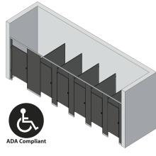 An isometric view of a ADA 6 stalls, between walls left hand toilet partition layout