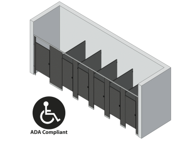 An isometric view of a ADA 6 stalls, between walls left hand toilet partition layout