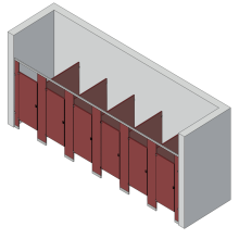 An isometric view of a standard 6 stalls, between walls left hand toilet partition layout