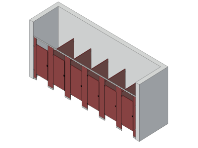 An isometric view of a standard 6 stalls, between walls left hand toilet partition layout